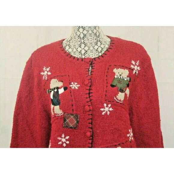 Christmas Cardigan Croft & Barrow Red Holiday Sweater Button Front Bears Size M - Picture 3 of 6